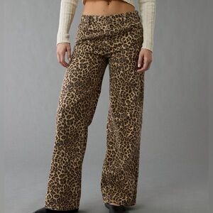 AE Stretch Leopard Low-Rise Baggy Wide-Leg Pants